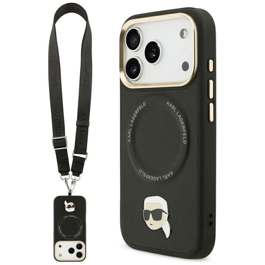 Husa MagSafe za Apple iPhone 17 Pro Max, Karl Lagerfeld, Big Strap Karl Metal Logo, Crna