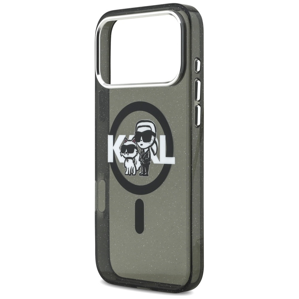 Husa MagSafe za Apple iPhone 17 Pro Max, Karl Lagerfeld, IML Sketch Logo Glitter Karl & Choupette, Crna