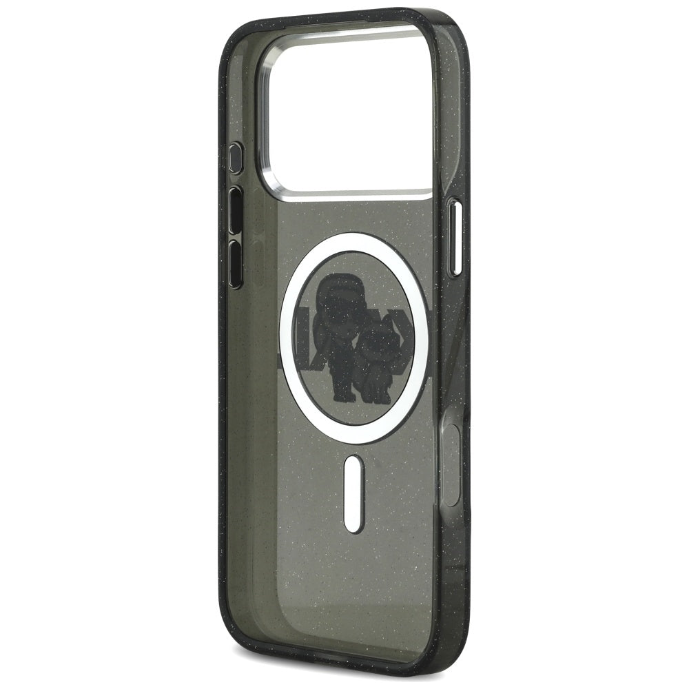 Husa MagSafe za Apple iPhone 17 Pro Max, Karl Lagerfeld, IML Sketch Logo Glitter Karl & Choupette, Crna