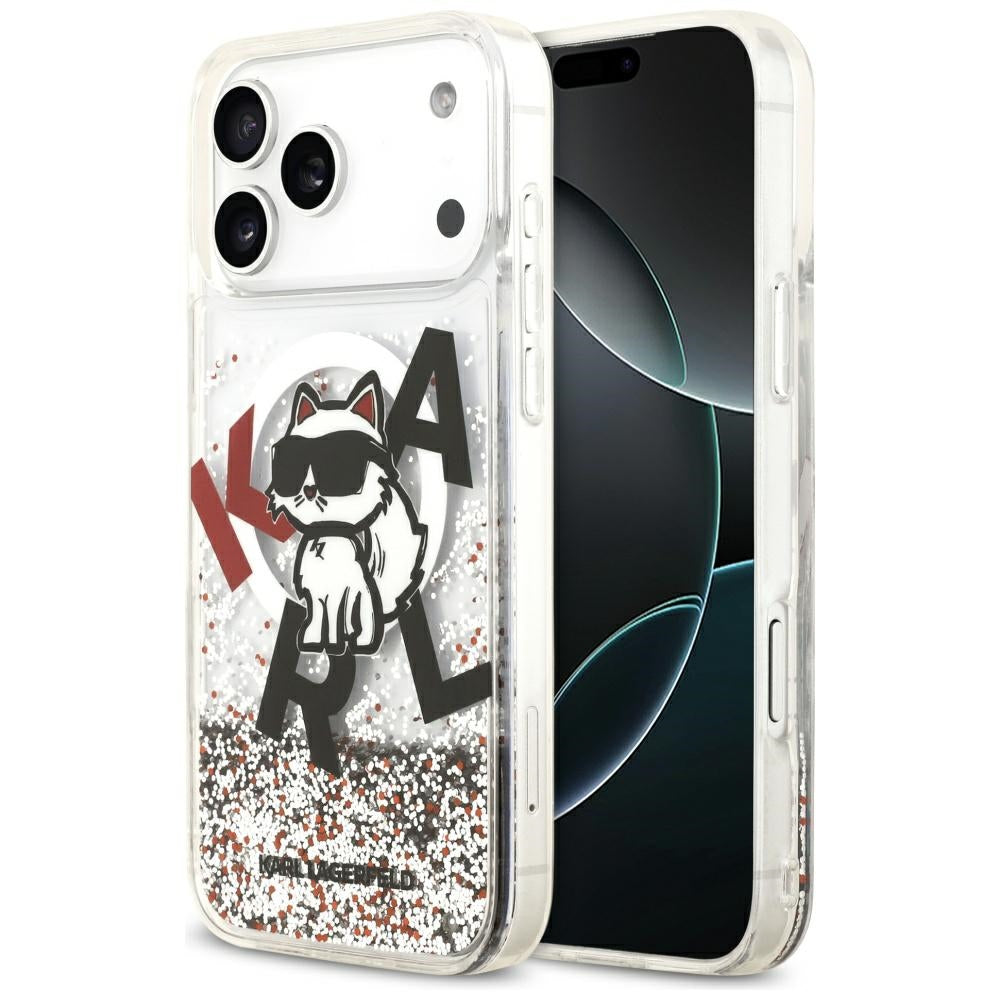 Futrola MagSafe za Apple iPhone 17 Pro Max, Karl Lagerfeld, Liquid Glitter Logo Choupette, Transparentna