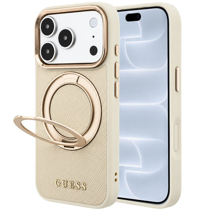 MagSafe maska za Apple iPhone 18 Pro / 17 Pro, Guess, Grained Ring Stand 360 Classic, bež
