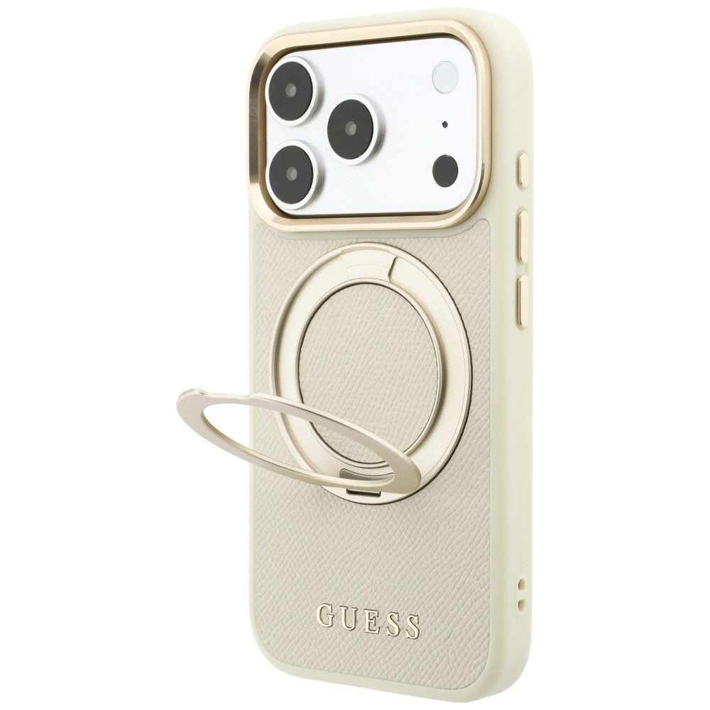 MagSafe maska za Apple iPhone 18 Pro / 17 Pro, Guess, Grained Ring Stand 360 Classic, bež

