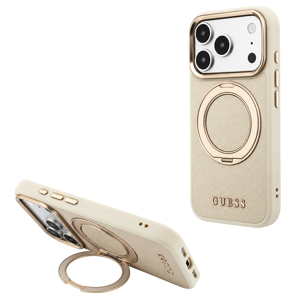 MagSafe maska za Apple iPhone 18 Pro / 17 Pro, Guess, Grained Ring Stand 360 Classic, bež
