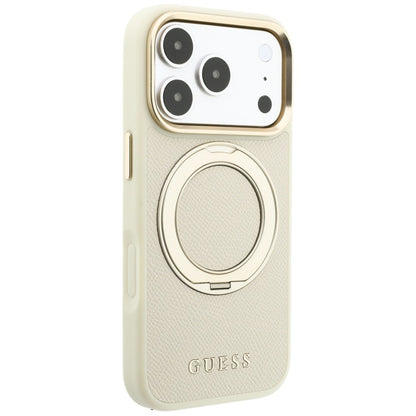 MagSafe maska za Apple iPhone 18 Pro / 17 Pro, Guess, Grained Ring Stand 360 Classic, bež
