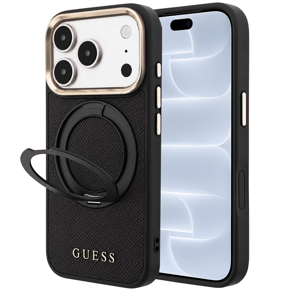 MagSafe maska za Apple iPhone 18 Pro / 17 Pro, Guess, Grained Ring Stand 360 Classic, crna