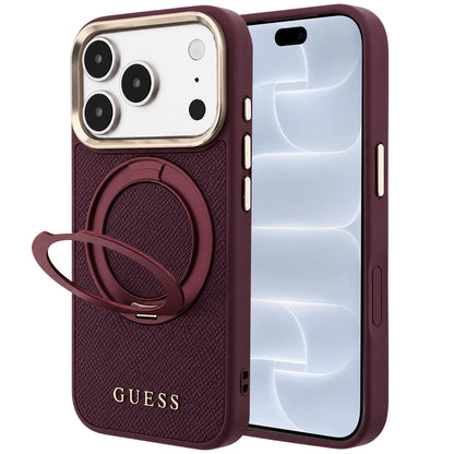 MagSafe maska za Apple iPhone 18 Pro / 17 Pro, Guess, Grained Ring Stand 360 Classic, bordo