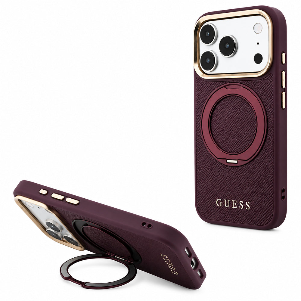 MagSafe maska za Apple iPhone 18 Pro / 17 Pro, Guess, Grained Ring Stand 360 Classic, bordo