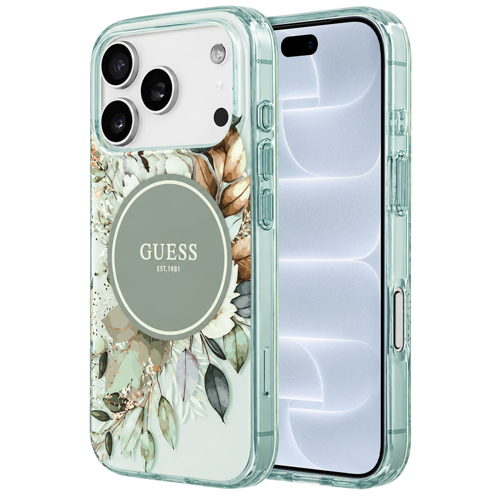 MagSafe maska za Apple iPhone 18 Pro / 17 Pro, Guess, IML Flower & Tonal Circle, zelena