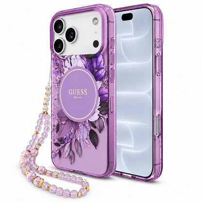 MagSafe maska za Apple iPhone 18 Pro / 17 Pro, Guess, IML Flowers with Pearl Strap, ljubičasta