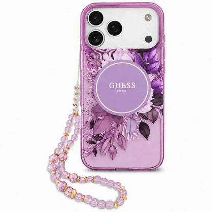 MagSafe maska za Apple iPhone 18 Pro / 17 Pro, Guess, IML Flowers with Pearl Strap, ljubičasta