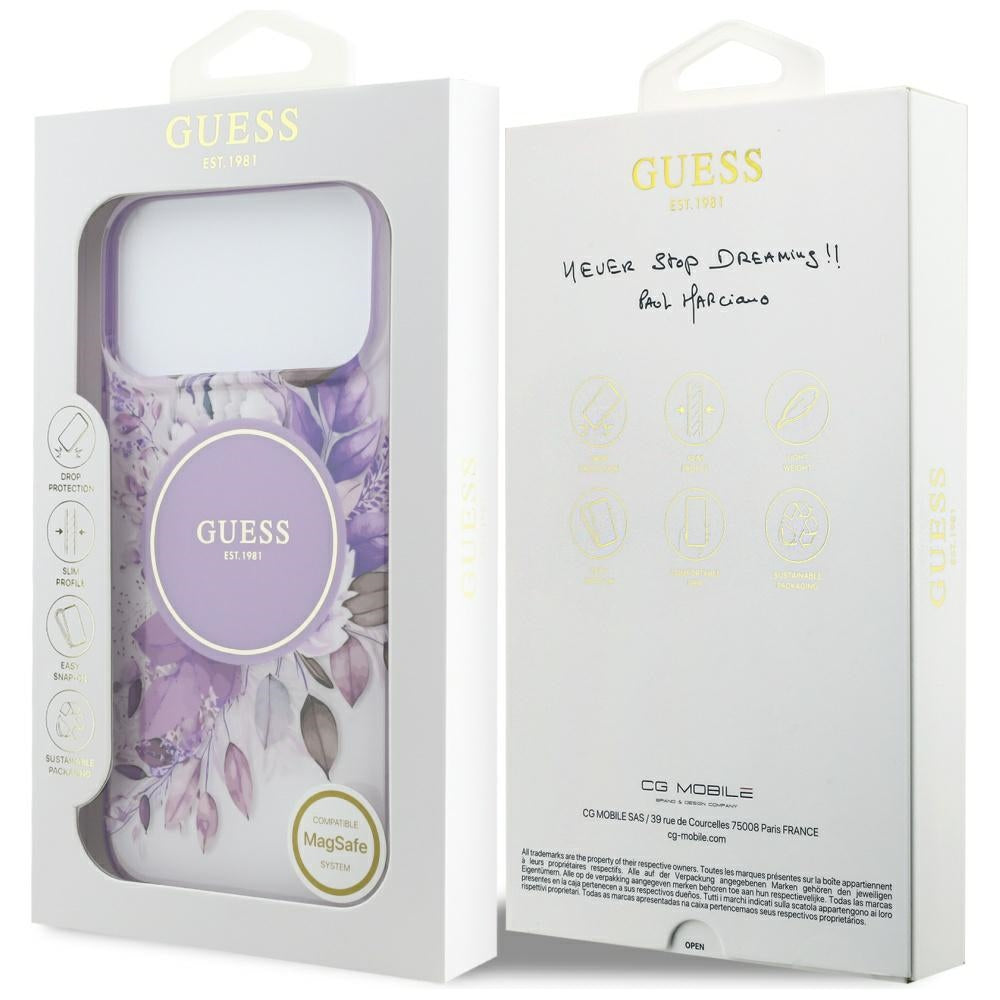 MagSafe maska za Apple iPhone 18 Pro / 17 Pro, Guess, IML Flowers with Pearl Strap, ljubičasta
