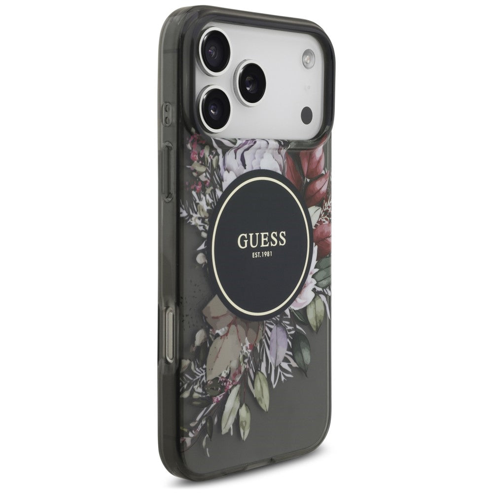 MagSafe maska za Apple iPhone 18 Pro / 17 Pro, Guess, IML Flowers with Pearl Strap, crna