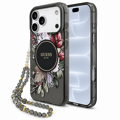 MagSafe maska za Apple iPhone 18 Pro / 17 Pro, Guess, IML Flowers with Pearl Strap, crna