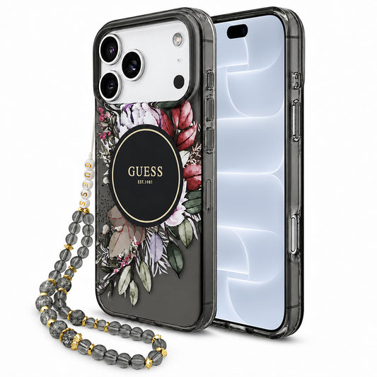 MagSafe maska za Apple iPhone 18 Pro / 17 Pro, Guess, IML Flowers with Pearl Strap, crna