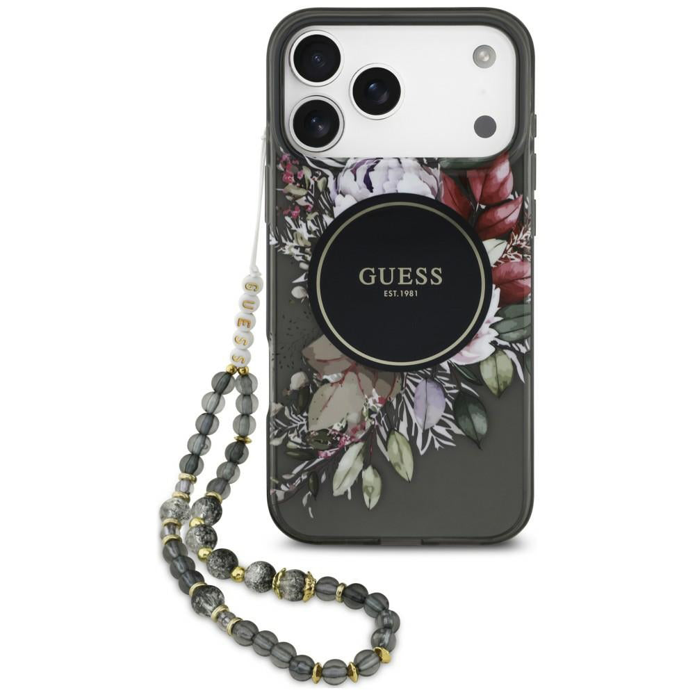 MagSafe maska za Apple iPhone 18 Pro / 17 Pro, Guess, IML Flowers with Pearl Strap, crna