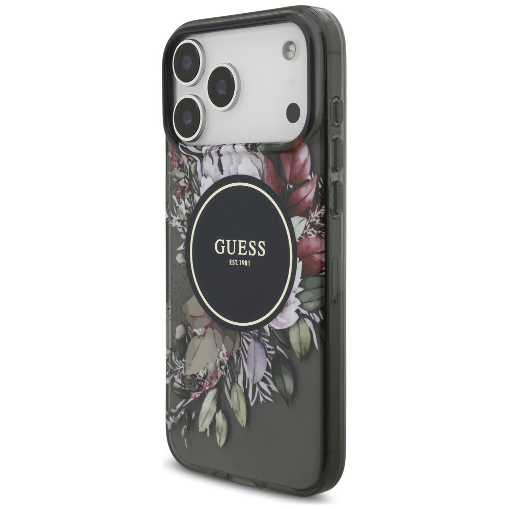 MagSafe maska za Apple iPhone 18 Pro / 17 Pro, Guess, IML Flowers with Pearl Strap, crna