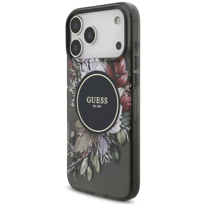 MagSafe maska za Apple iPhone 18 Pro / 17 Pro, Guess, IML Flowers with Pearl Strap, crna