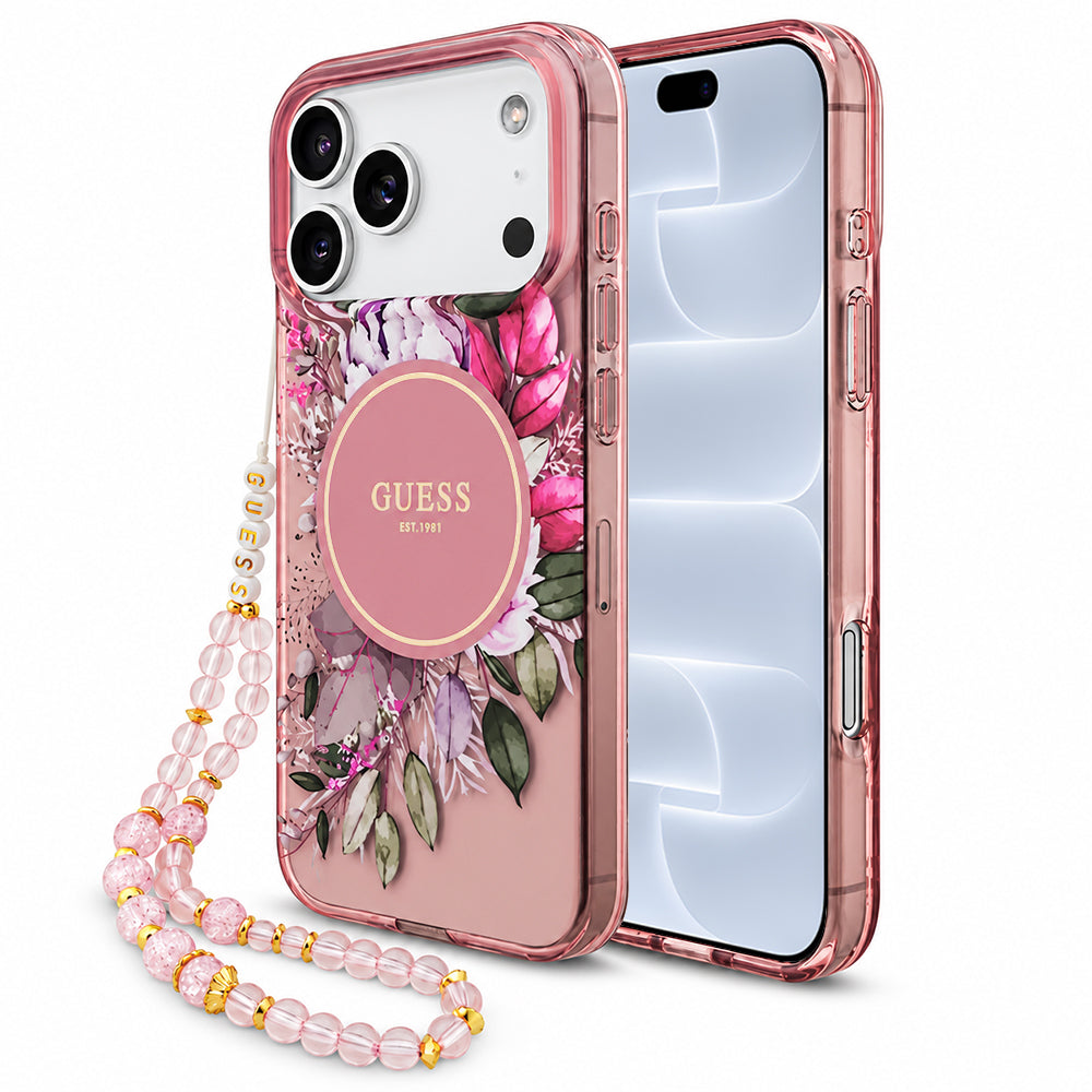 MagSafe maska za Apple iPhone 18 Pro / 17 Pro, Guess, IML Flowers with Pearl Strap, roze