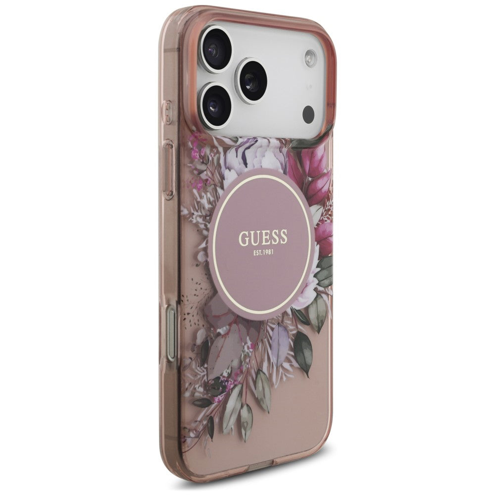 MagSafe maska za Apple iPhone 18 Pro / 17 Pro, Guess, IML Flowers with Pearl Strap, roze