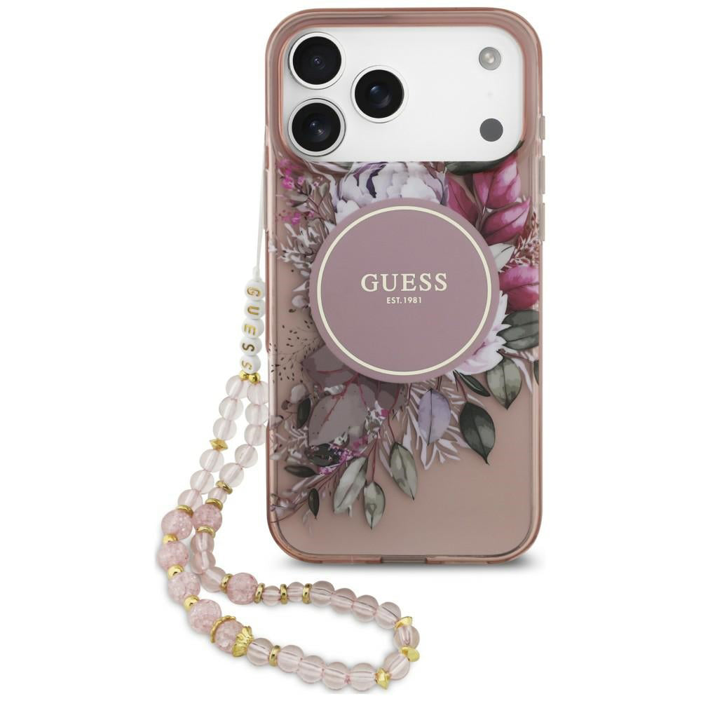MagSafe maska za Apple iPhone 18 Pro / 17 Pro, Guess, IML Flowers with Pearl Strap, roze
