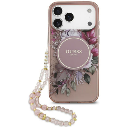 MagSafe maska za Apple iPhone 18 Pro / 17 Pro, Guess, IML Flowers with Pearl Strap, roze