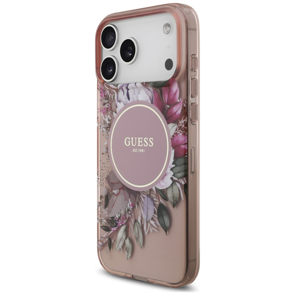 MagSafe maska za Apple iPhone 18 Pro / 17 Pro, Guess, IML Flowers with Pearl Strap, roze