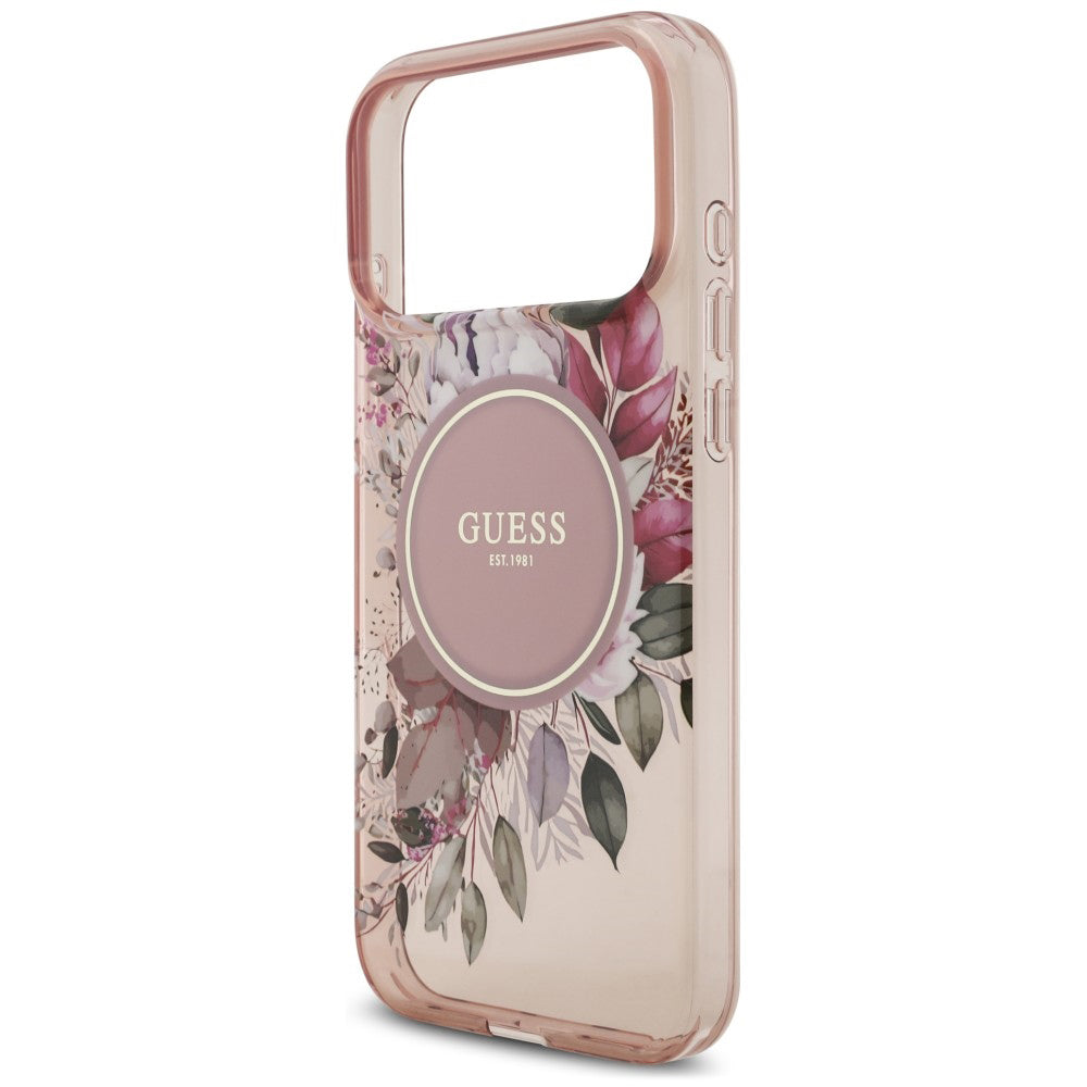 MagSafe maska za Apple iPhone 18 Pro / 17 Pro, Guess, IML Flowers with Pearl Strap, roze