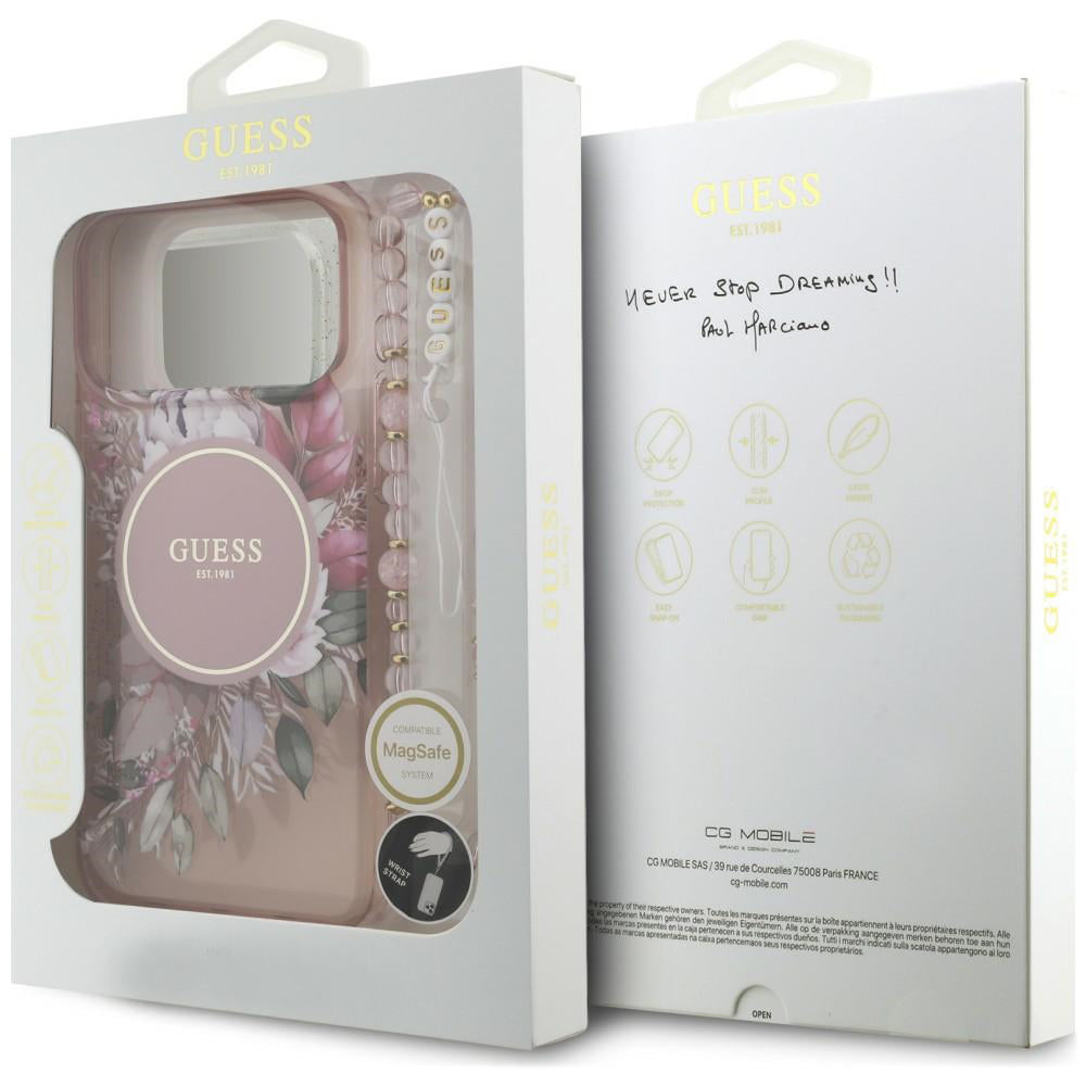 MagSafe maska za Apple iPhone 18 Pro / 17 Pro, Guess, IML Flowers with Pearl Strap, roze