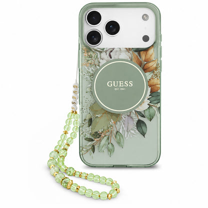 MagSafe maska za Apple iPhone 18 Pro / 17 Pro, Guess, IML Flowers with Pearl Strap, zelena