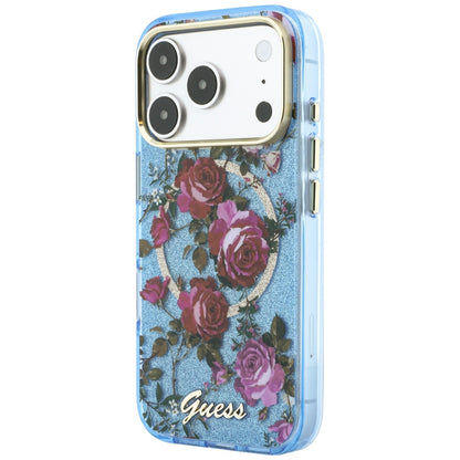 MagSafe futrola za Apple iPhone 18 Pro / 17 Pro, Guess, IML Glitter Blossom Roses, Plava