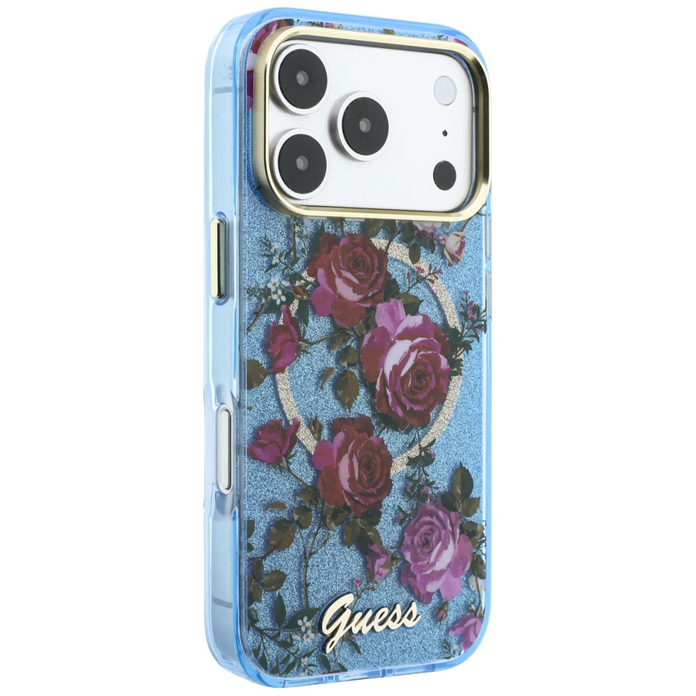 MagSafe futrola za Apple iPhone 18 Pro / 17 Pro, Guess, IML Glitter Blossom Roses, Plava