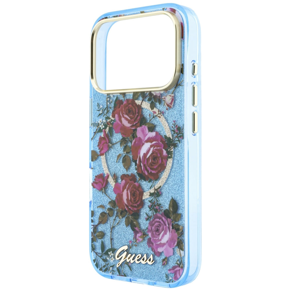 MagSafe futrola za Apple iPhone 18 Pro / 17 Pro, Guess, IML Glitter Blossom Roses, Plava