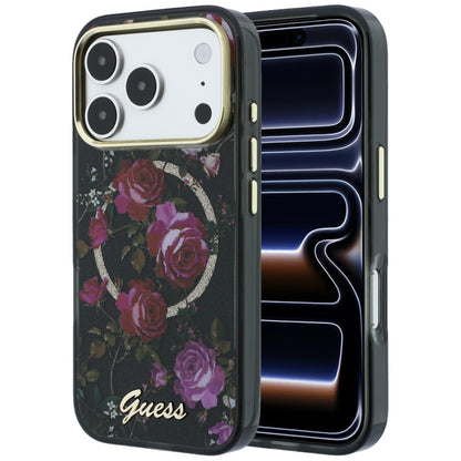 MagSafe futrola za Apple iPhone 18 Pro / 17 Pro, Guess, IML Glitter Blossom Roses, Crna