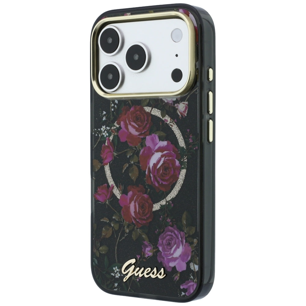 MagSafe futrola za Apple iPhone 18 Pro / 17 Pro, Guess, IML Glitter Blossom Roses, Crna