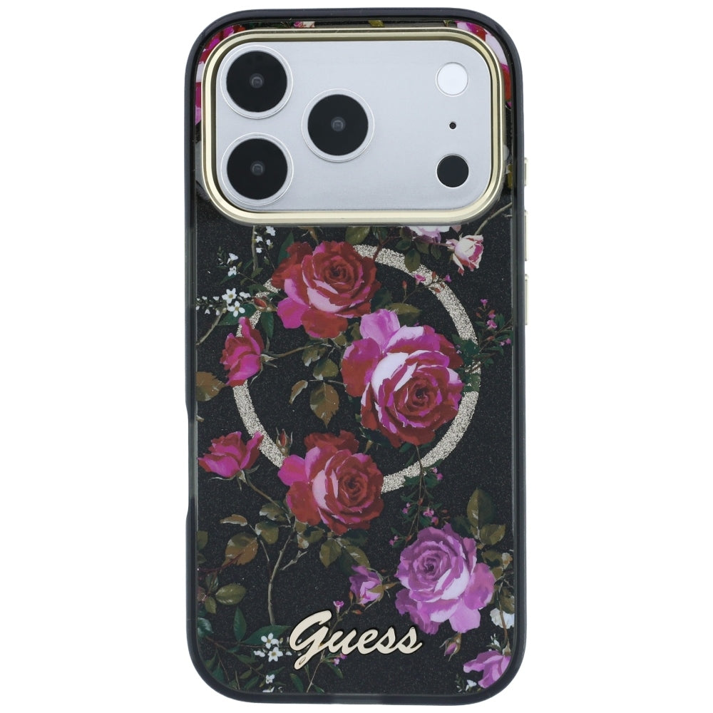 MagSafe futrola za Apple iPhone 18 Pro / 17 Pro, Guess, IML Glitter Blossom Roses, Crna