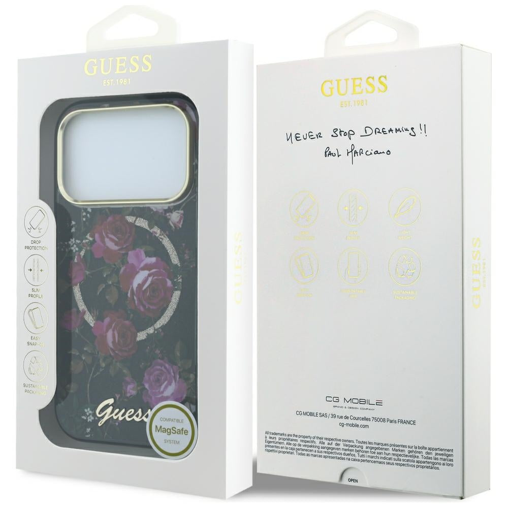 MagSafe futrola za Apple iPhone 18 Pro / 17 Pro, Guess, IML Glitter Blossom Roses, Crna