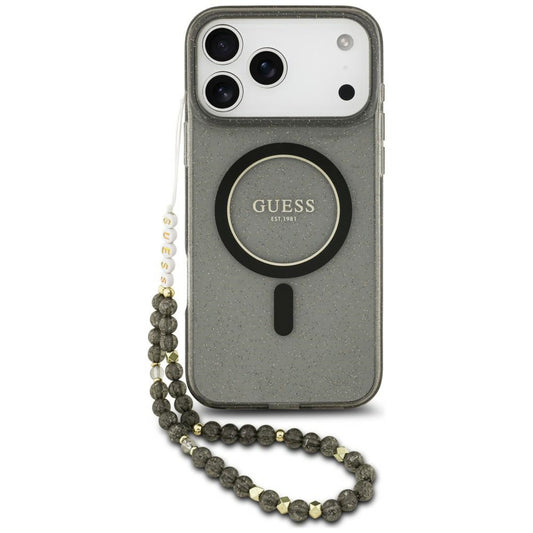 MagSafe maska za Apple iPhone 18 Pro / 17 Pro, Guess, IML Glitter with Pearl Strap, crna