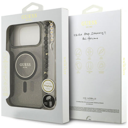 MagSafe maska za Apple iPhone 18 Pro / 17 Pro, Guess, IML Glitter with Pearl Strap, crna