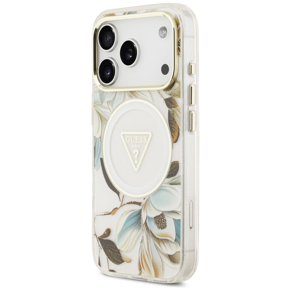 MagSafe futrola za Apple iPhone 18 Pro / 17 Pro, Guess, IML Metal Glitter Flowers Triangle, Bela