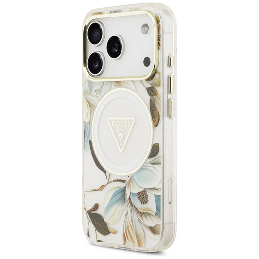 MagSafe futrola za Apple iPhone 18 Pro / 17 Pro, Guess, IML Metal Glitter Flowers Triangle, Bela