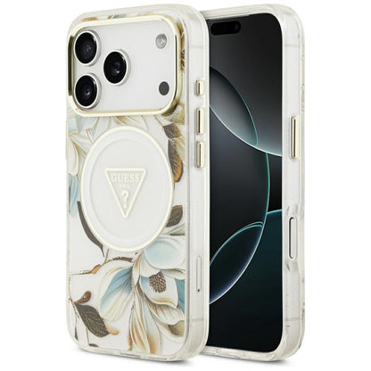 MagSafe futrola za Apple iPhone 18 Pro / 17 Pro, Guess, IML Metal Glitter Flowers Triangle, Bela