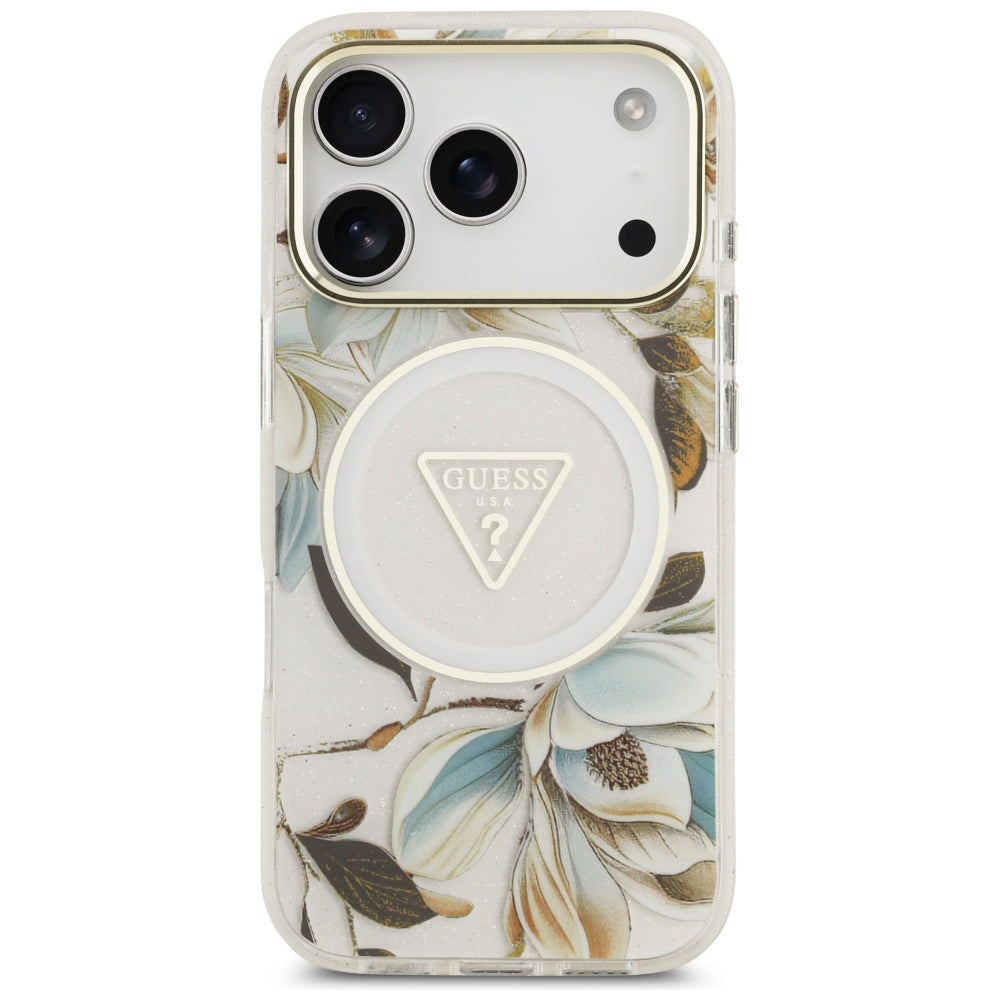 MagSafe futrola za Apple iPhone 18 Pro / 17 Pro, Guess, IML Metal Glitter Flowers Triangle, Bela