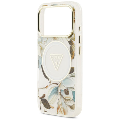 MagSafe futrola za Apple iPhone 18 Pro / 17 Pro, Guess, IML Metal Glitter Flowers Triangle, Bela