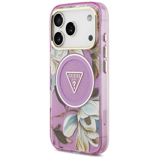 MagSafe futrola za Apple iPhone 18 Pro / 17 Pro, Guess, IML Metal Glitter Flowers Triangle, Ljubičasta