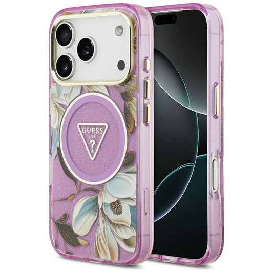 MagSafe futrola za Apple iPhone 18 Pro / 17 Pro, Guess, IML Metal Glitter Flowers Triangle, Ljubičasta
