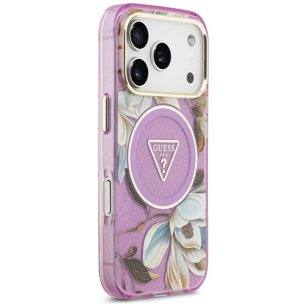 MagSafe futrola za Apple iPhone 18 Pro / 17 Pro, Guess, IML Metal Glitter Flowers Triangle, Ljubičasta