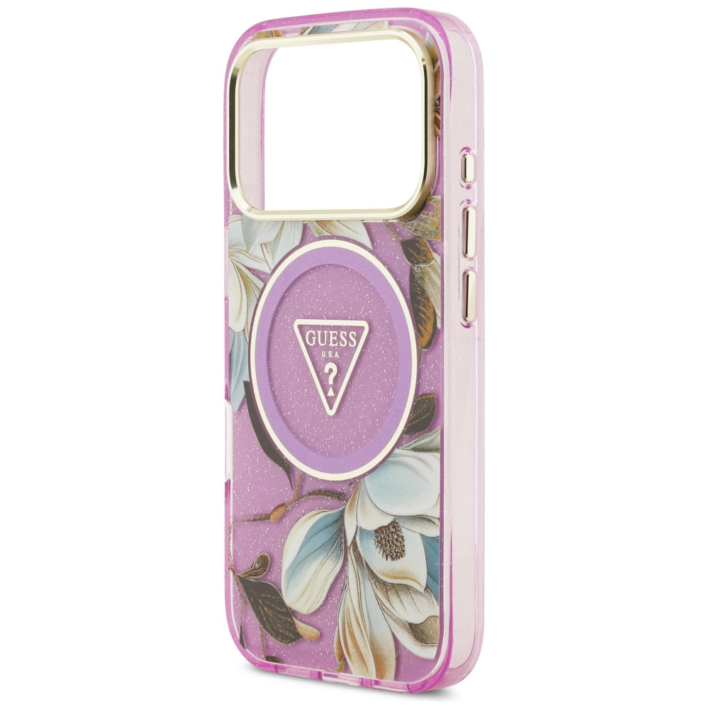 MagSafe futrola za Apple iPhone 18 Pro / 17 Pro, Guess, IML Metal Glitter Flowers Triangle, Ljubičasta