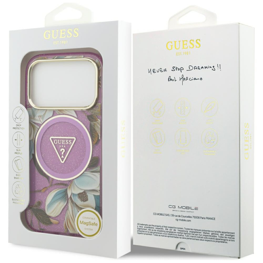 MagSafe futrola za Apple iPhone 18 Pro / 17 Pro, Guess, IML Metal Glitter Flowers Triangle, Ljubičasta