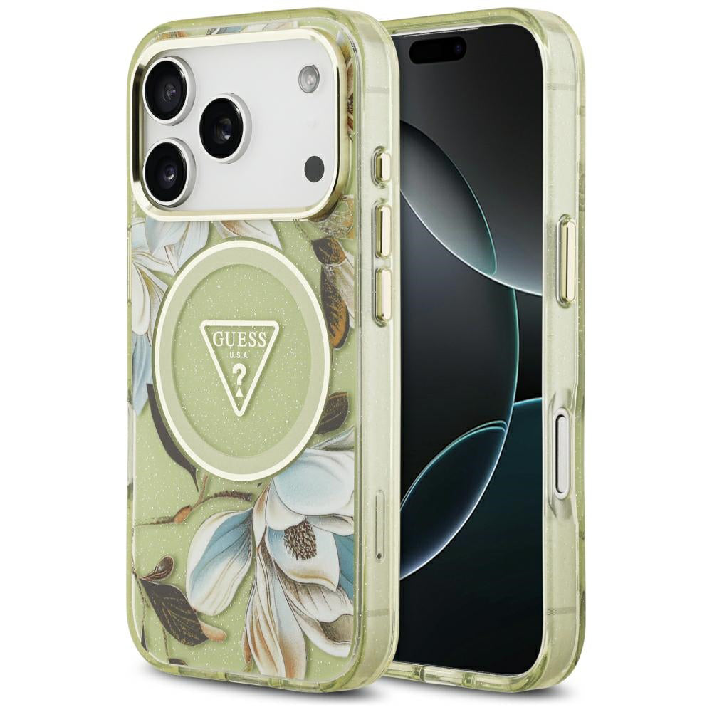 MagSafe futrola za Apple iPhone 18 Pro / 17 Pro, Guess, IML Metal Glitter Flowers Triangle, Zelena