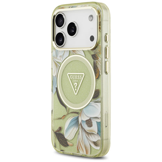 MagSafe futrola za Apple iPhone 18 Pro / 17 Pro, Guess, IML Metal Glitter Flowers Triangle, Zelena